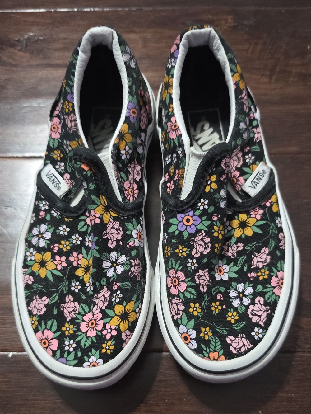 Vans Kids Black Floral Slip-On Sneakers with Pink & Yellow Flowers